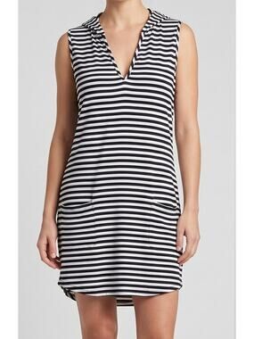 Sandiva Womens Large Hooded Swim Coverup Blue White Stripe Pockets